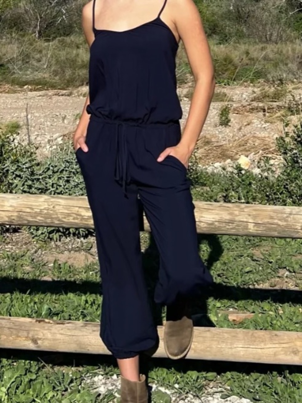 TYSA Claudette Navy Blue Jumpsuit Spaghetti Strap Drawstring Size M